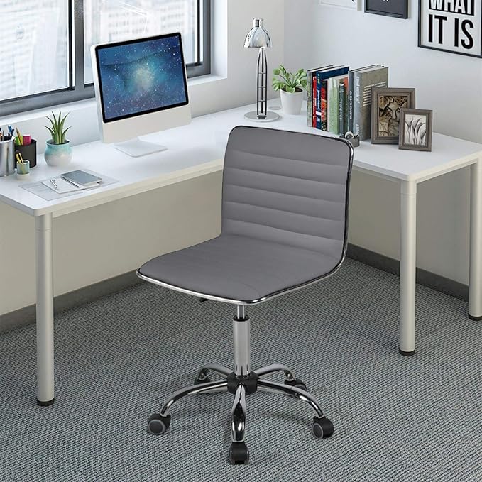 Yaheetech PU Leather Ribbed Armless Task Office Chair, Adjustable Low Back Executive Chair with Wheels Gray