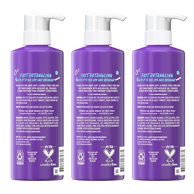 Aussie 3 Minute Miracle Moist Deep Conditioner for Dry Hair, Avocado & Jojoba Oil, Safe for Color Treated Hair, Nourishing Hydration, Silky Shine, Paraben-Free, 16 Fl Oz Each (Pack of 6)