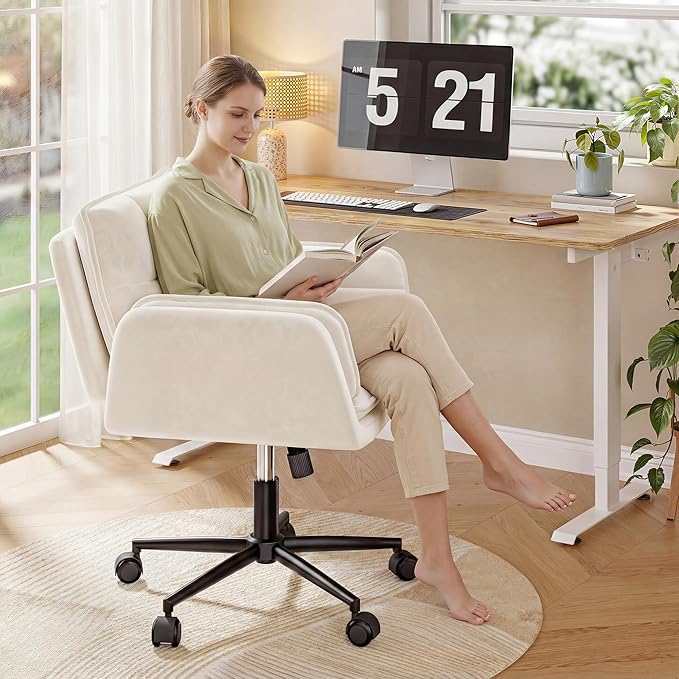 Criss Cross Chair with Wheels, Plush Fleece Vanity Chair with Adjustable Armrests, Ergonomic Office Chair for Bedroom, Makeup Room and Office Room, White