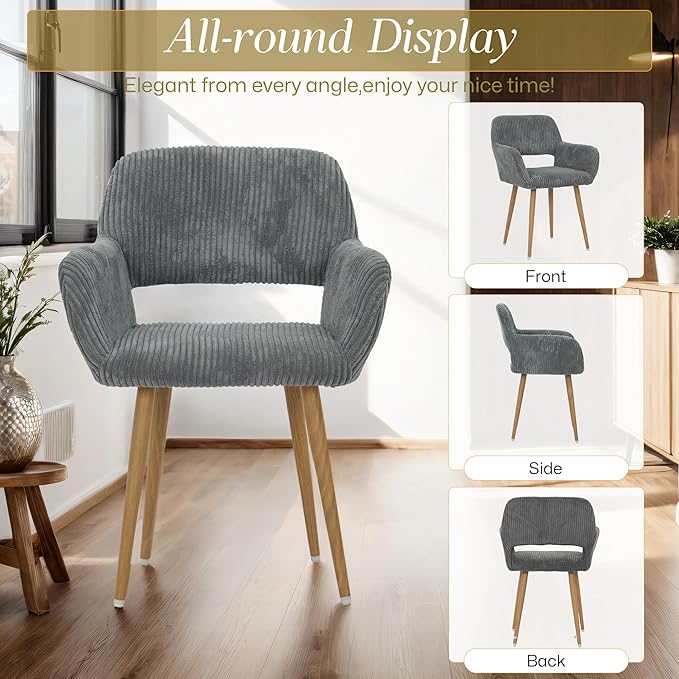 HENJIANYI Home Office Corduroy Desk Chair, Makeup Vanity Chair, Comfy Accent Armchair with Wood Grain Metal Legs, Cute Dining Chair with Hollowed Back, Dark Gray