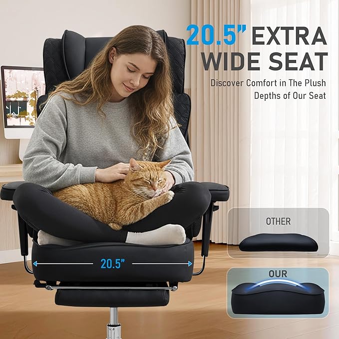 Big and Tall Office Chair, Ergonomic Leather Reclining Chair with Footrest, High-Back Comfy Executive Computer Desk Chairs with Lumbar Support, Wide Seat, 400LBS (Black)