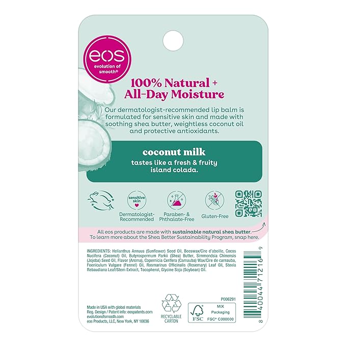 eos 100% Natural Lip Balm- Coconut Milk, eos lip balm, All-Day Moisture, Lip Care, Shea Butter, Moisturizing, Sensitive Skin,0.14 oz, 2 Pack