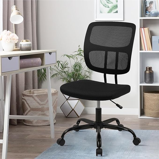 CLATINA Armless Home Office Chair, Small Ergonomic Mesh Back Desk Chair with Lumbar Support and Wheels, Adjustable Height 360° Swivel Rolling Computer Chair for Conference Waiting, Black, 8Pack