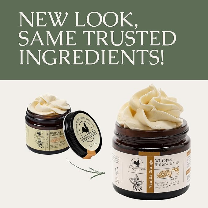 Hearth and Homestead: Handmade Whipped Tallow Balm (Vanilla Orange) - Organic Body Butter with Infused Olive Oil, for Eczema, Rosacea, Baby - 1.3 oz