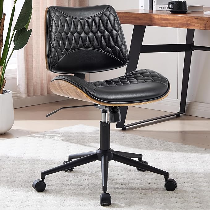 Walnut Bentwood Mid Back Armless Office Chair 1 Pack, Adjustable Height PU Leather Swivel Desk Chair with Wheels, Rolling Computer Task Chair for Home Office, Study, Meeting Room