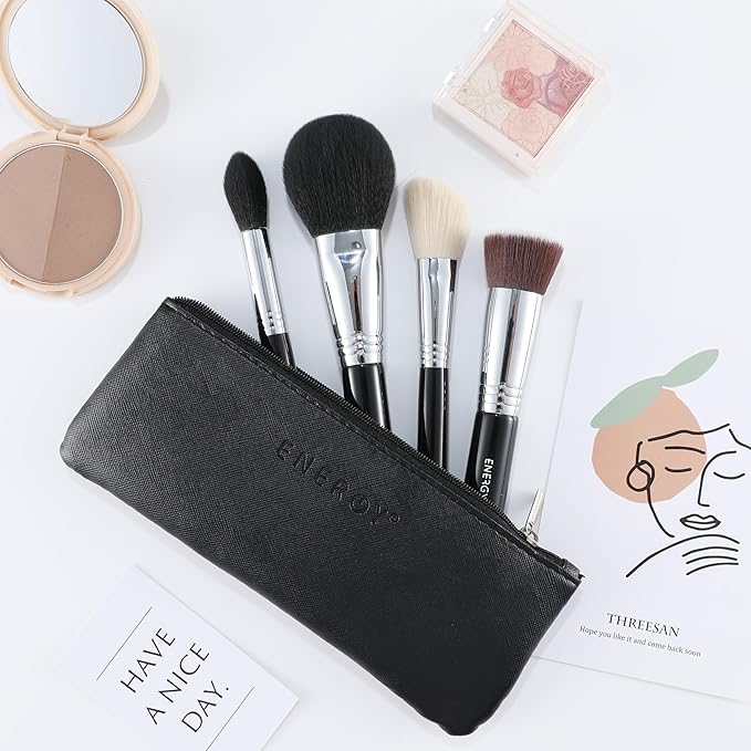 ENERGY Makeup Brush Set 4PCS Premium Synthetic Powder Foundation Blush Contour Bronzer Highlighter Makeup Brushes with Black PU Bag Professional Vegan Face Brushes