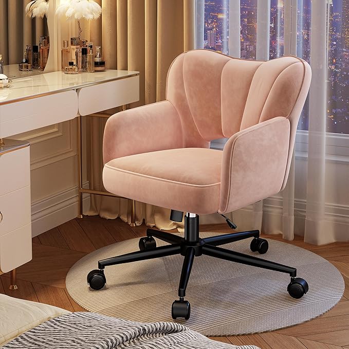 Vanity Chair with Wheels & Back,Pink Vanity Chair Adjustable Height Comfy Desk Chairs for Makeup, Work & Relaxation,Pink