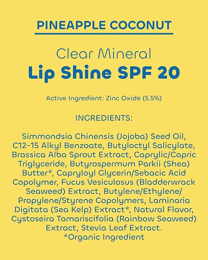 Seaweed Bath Co. Hydrating Clear Mineral Lip Shine - SPF 20 Sunscreen Zinc Oxide Lip Balm - Nourishing Care to Hydrate & Protect Dry, Chapped Lips - Natural Pineapple Coconut Flavor- 0.28 oz
