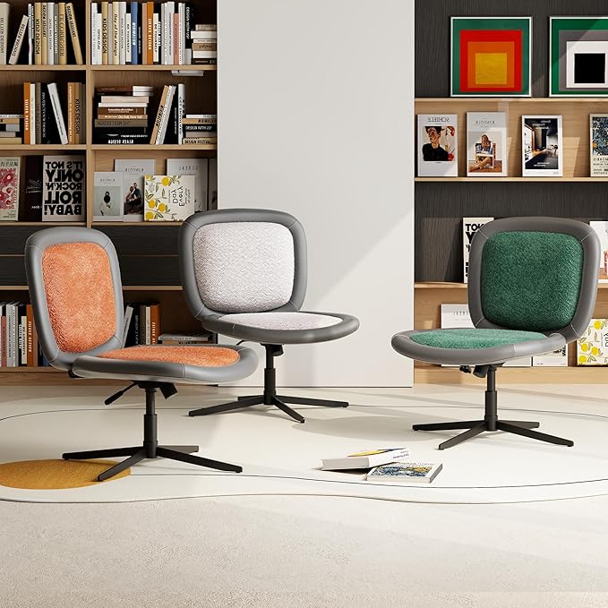 Nordic Armless Ergonomic Office Chair with Wheels, Diamond Tufted PU Leather Computer Chair, Adjustable Height Desk Chair with Solid Wood Back for Small Home Office (No Wheels-Green)
