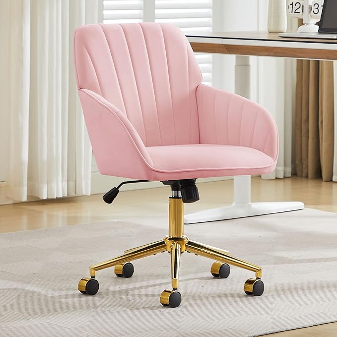 Velvet Home Office Desk Chair, Modern Cute Computer Task Chair with Back, Height Adjustable Upholstered Vanity Chair with Swivel Wheels for Women, Girls (Gold Base, Pink