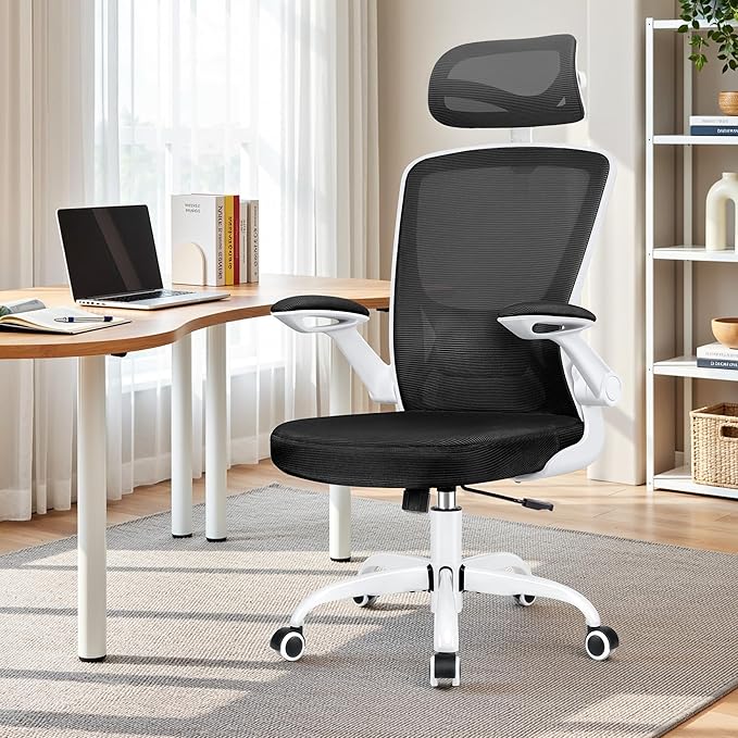Office Chair Ergonomic Desk Chair, Breathable Mesh Office Chairs with Adjustable Lumbar Support, Flip-Up Arms, Computer Desk Chair Comfy for Home Office, White