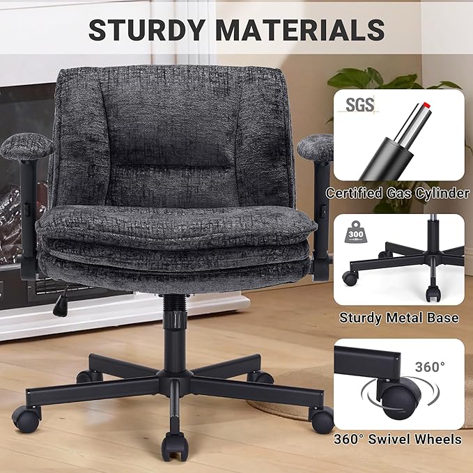 Criss Cross Chair with Wheels and Flip Arms, Upholstered Cross Legged Office Chair with 3 Layer Cushions&Dynamic Airbag Lumbar Support, Wide Seat Comfy Desk Chair for Home Office, Living Room, Black
