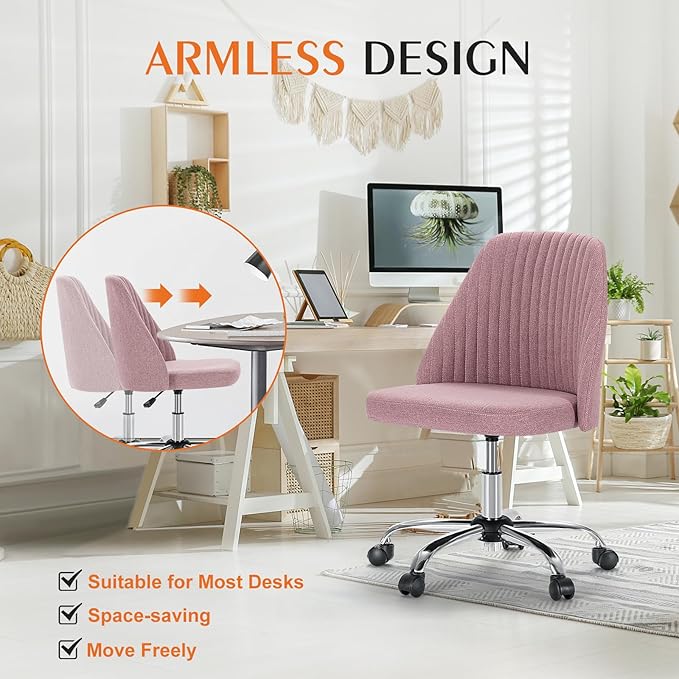 Sweetcrispy Armless Vanity Chair, Cute Comfy Home Office Desk Chair with Wheels, Modern Upholstered Task Computer Seat for Bedroom, Study, Makeup Vanity, Height Adjustable & Swivel Fit, Dusty Pink