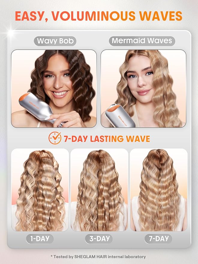 SHEGLAM Hair Beach Babe Hair Waver 2 Barrel Crimper 1 Inch with Smart Timer & Adjustable Temps Dual Voltage, Anti-Scald, Easy to Use
