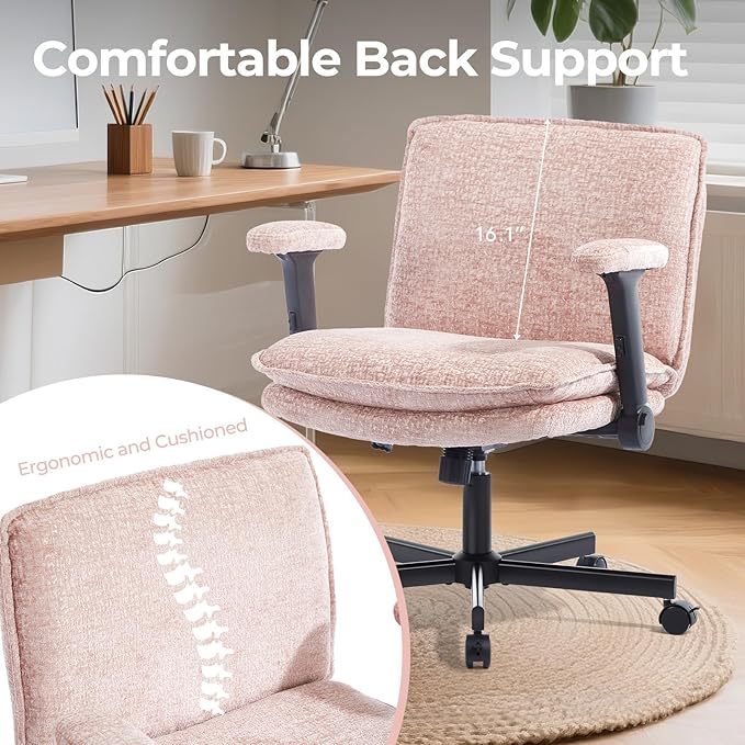 Criss Cross Chair with Flip-Up Arms and Lockable Wheels, Plush Fabric Cross Legged Office Desk Chair,Wider 125°Tilting Adjustable Swivel Computer Chair for Home, Apartment, Bedroom,Pink