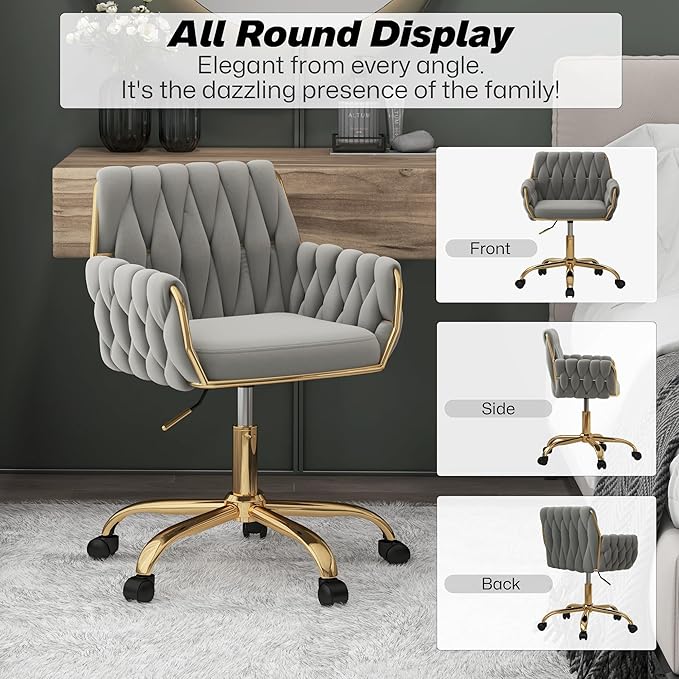 Woven 360°Swivel Desk Chair, Velvet Height Adjustable Home Office Armchair with Golden Base for Teens Women Girls, Upholstery Computer Chair for Home Studios and Office, Woven & Light Gray