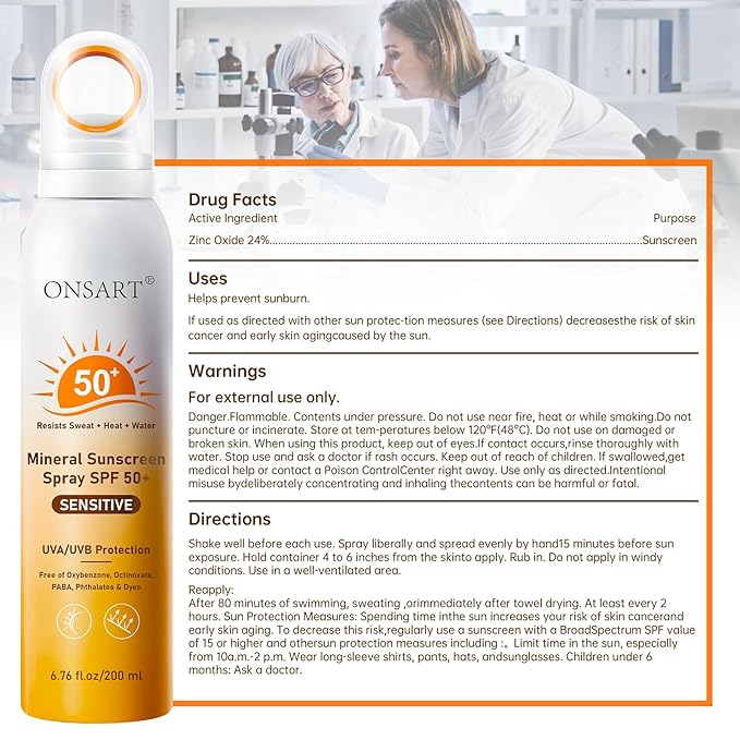 Mineral Sunscreen Spray SPF 50+, Reef Safe, Zinc Oxide Sunscreen, Broad Spectrum UVA/UVB, 360° Ring Spray, Water Resistant 80 Minutes, Lightweight Non-Greasy, 6.76 fl Oz (Pack of 2)
