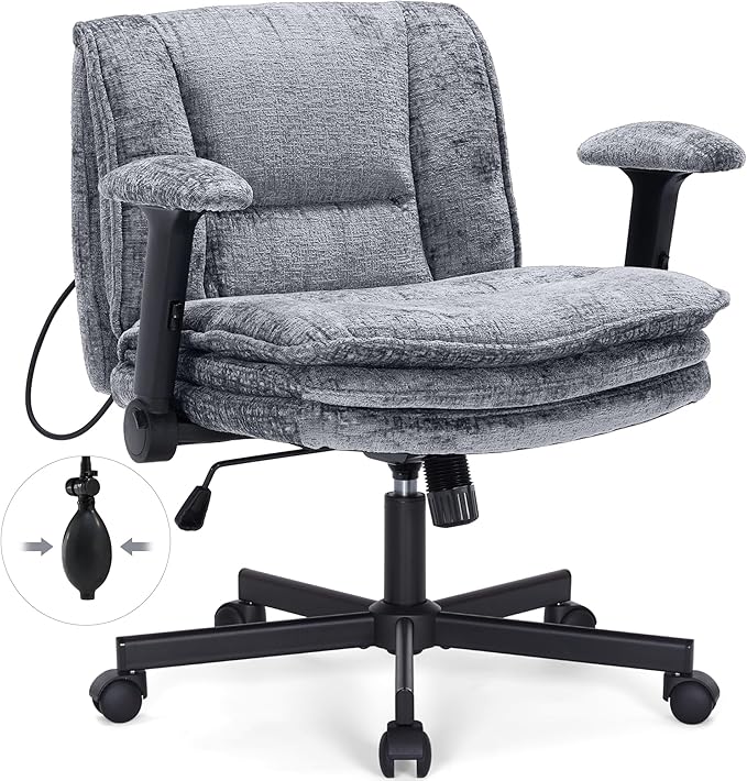 Criss Cross Chair with Wheels and Flip Arms, Upholstered Cross Legged Office Chair with 3 Layer Cushions&Dynamic Airbag Lumbar Support, Wide Seat Comfy Desk Chair for Home Office, Living Room, Grey