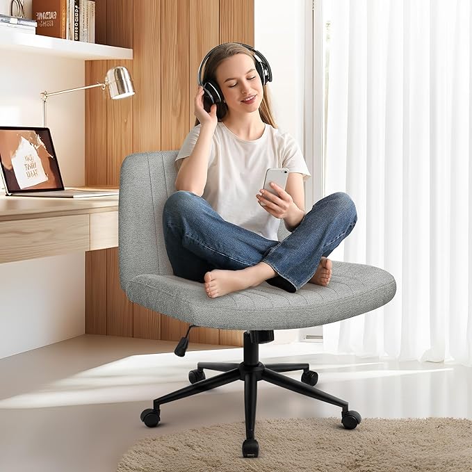 NEO Chair Criss Cross Chair with Wheels Armless Cross Legged Office Desk Wide Comfy Vanity Makeup Chair Adjustable Swivel Rolling Computer for Home Office Fabric (Grey)