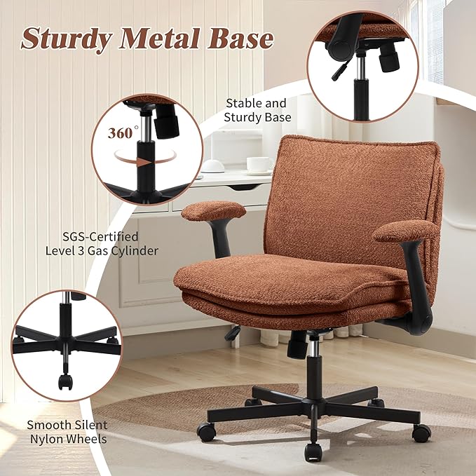Criss Cross Legged Office Chair with Wheels and Flip-Up Arms, Upholstered Criss Cross Desk Chair, Wide Seat Chairs for Home Office, Vanity, Apartment, Orange