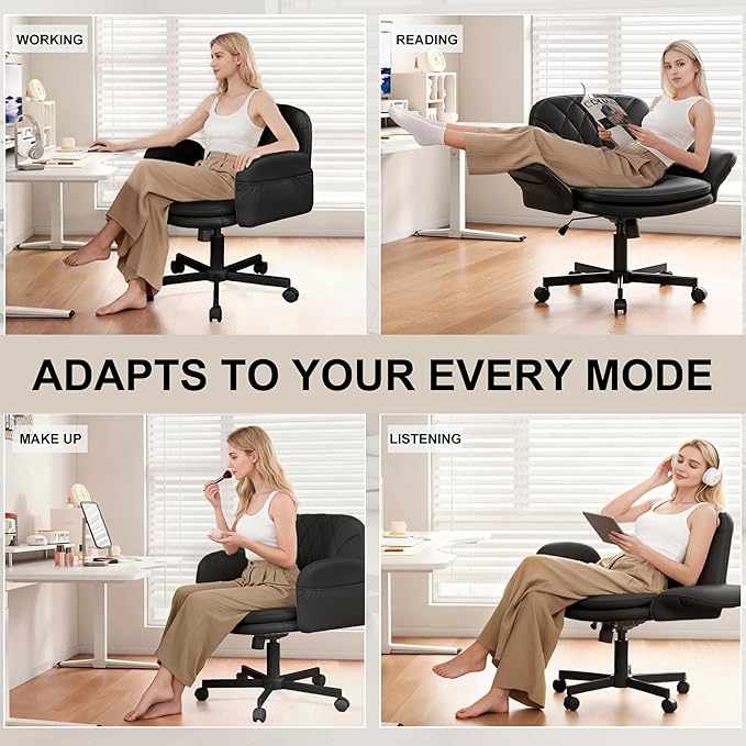 Misolant Criss Cross Chair with Armrests & Wheels for Cross-Legged Sitting, Comfortable PU Leather Vanity Chair, Office Desk Chairs with Adjustable Rocking Function, for Home, Bedroom Black