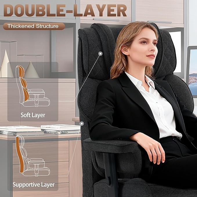 Vonesse Big and Tall Office Chair, Computer Chair with Soft Adjustable Armrests, Ergonomic Gaming Chair with Breathable Linen Design, Executive Chairs with Footrest (Linen Fabric, Classic Black)