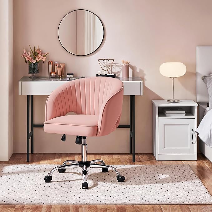 Yaheetech Pink Desk Chair Cute Vanity Chair with Back & Modern Swivel Rolling Design for Home Office, Study, Vanity, Bedroom