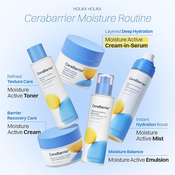 HOLIKA HOLIKA Cerabarrier Moisture Active Cream In Serum - Face Hydrating Barrier Repair - 5 Ceramide Complex Phytosterols Peptide - Hypoallergenic Korean Skincare for Dry Sensitive Skin, 1.69oz