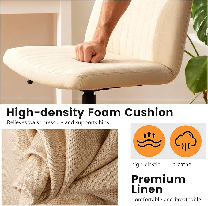 FDW Criss Cross Chair with Wheels Cross Legged Office Desk Modern Swivel Height Adjustable Wide Seat Computer Task Vanity Chair Comfy Fabric Armless Seating for Home Office