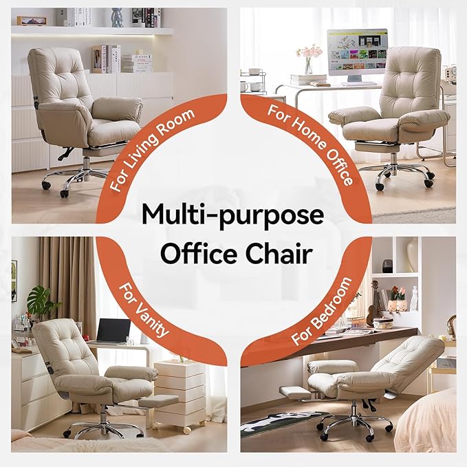 EMIAH Heated and Massage Office Chair with Foot Rest Criss Cross Chair with Wheels and Flip-up Arms Reclining Desk Chair Comfy Wide Seat PU Leather Rolling Computer Home Office Chair (Beige)