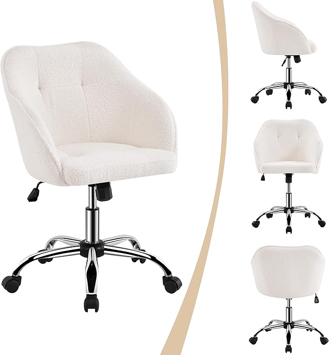 Yaheetech Boucle Desk Vanity Chair with Back Comfy Fluffy Swivel Office Chair with Wheels Adjustable Height Tilt Angle for Bedroom Ivory