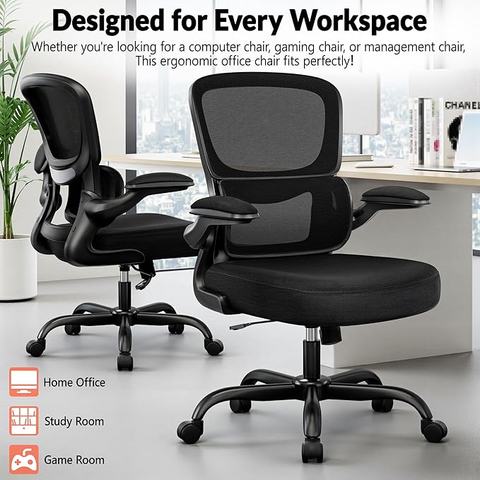 Office Chair Ergonomic Desk Chair, Breathable Mesh Comfy Chair with Lumbar Support, Computer Chair, Home Desk Chair with Flip-up Armrests, Gaming Chair for Adults Home Office (Black)