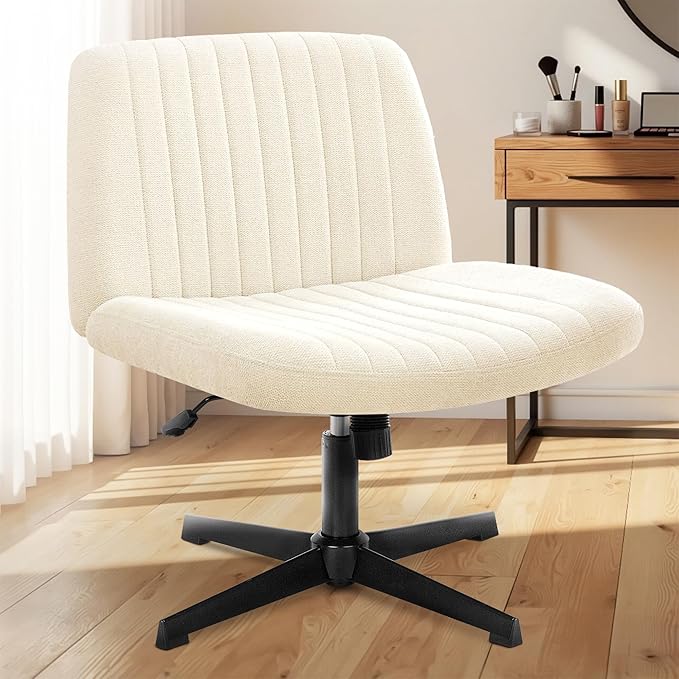 NEO Chair Criss Cross Chair No Wheels Armless Cross Legged Office Desk Wide Comfy Vanity Makeup Chair Adjustable Computer Task for Home Office Fabric (Beige)