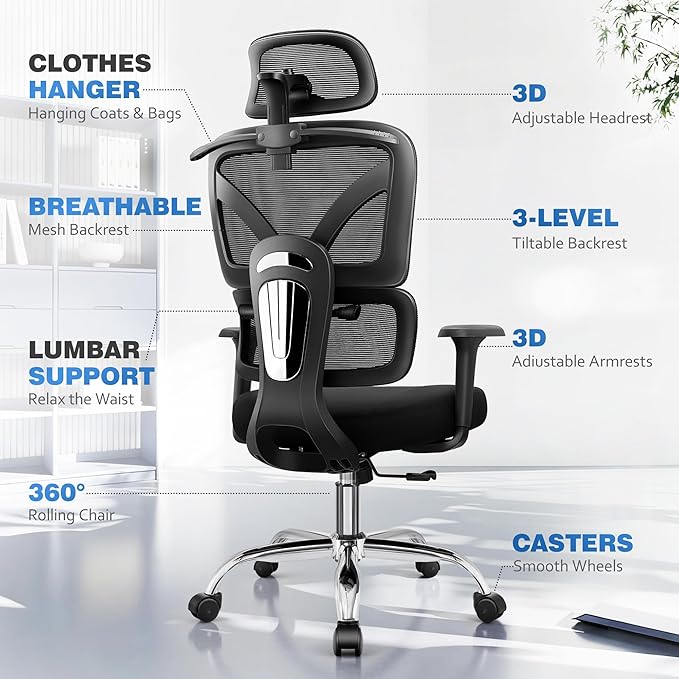 Ergonomic Office Desk Chair, High Back Mesh Office Chair with Adjustable Lumbar Support, 3D Headrest, Big and Tall Home Computer Desk Chairs Comfy for Work, Gaming, 300lbs, Black