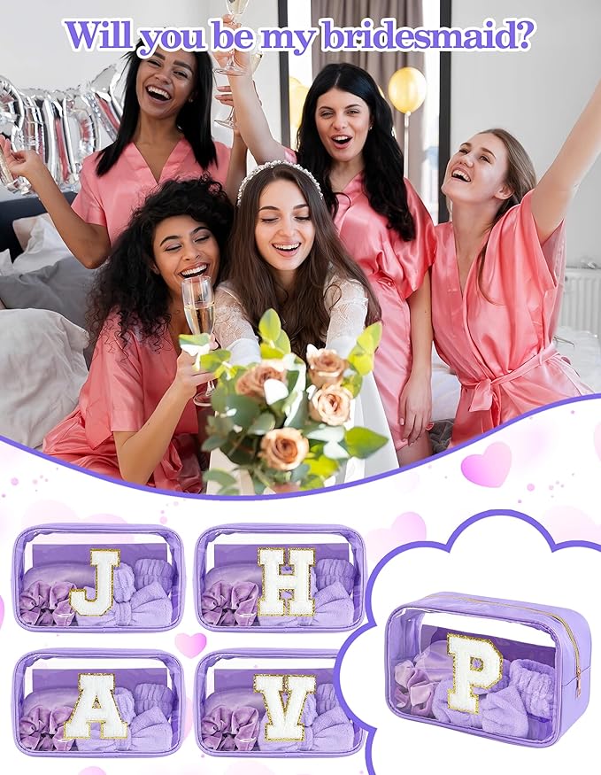 Gift Sets for Women, Initial Makeup Bag with Makeup Brush Set Bachelorette Party Favors, Purple Spa Kit with Skincare Headbands Wrist Bands Sleepover Party Supplies Gifts for Teen Girls Bridesmaid P