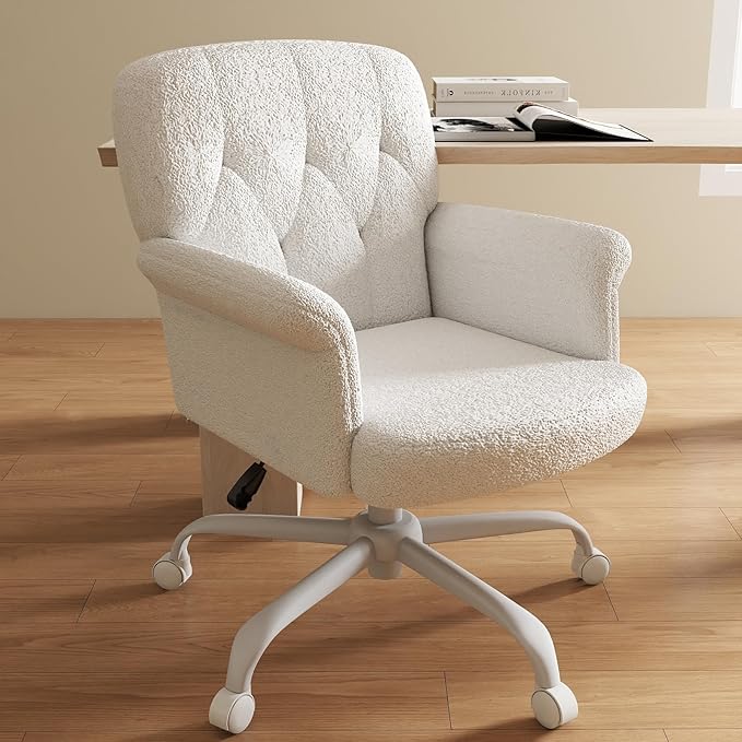 Comfy Home Office Desk Chair, Upholstered Fuzzy Vanity Chair with Wheels and Arms, Modern Adjustable Swivel Computer Seat for Make Up, Home Office, Living Room, Bedroom, Teddy Fleece, White