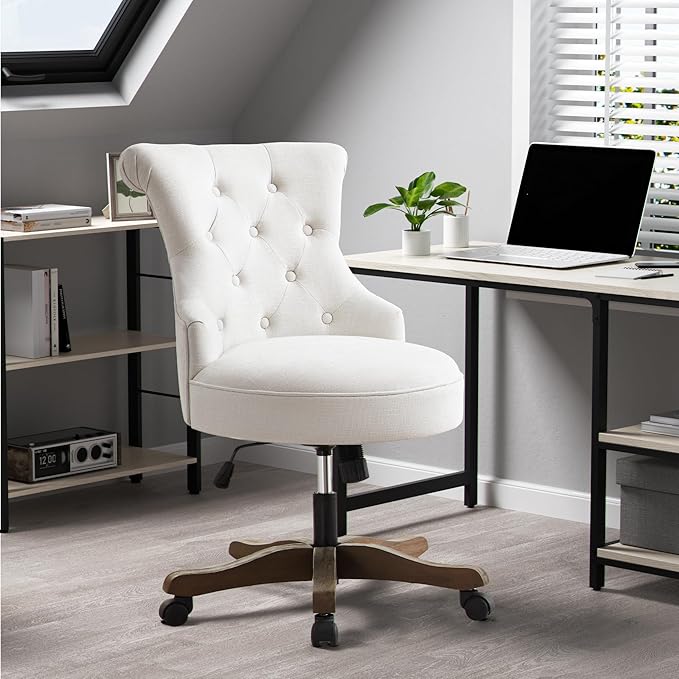 HUIMO Home Office Chair Upholstered Armless Desk Chairs with Wheels Adjustable Height Computer Desk Chair with Wooden Legs Linen Comfortable Swivel for Home Office Study Studio (Beige)