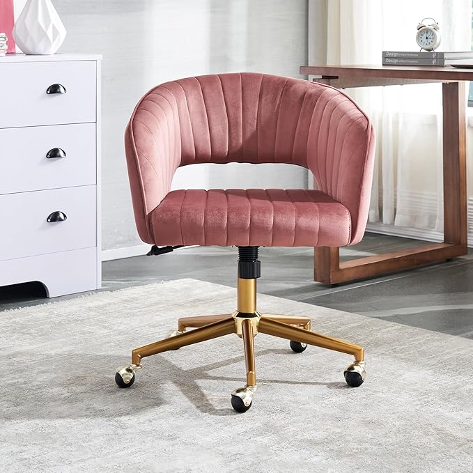Kiztir Vanity Chair with Wheel, Modern Velvet Home Office Chair with Back, Criss Cross Armchair for Vanity, Living Room, Bedroom and Study (Dusty Pink)