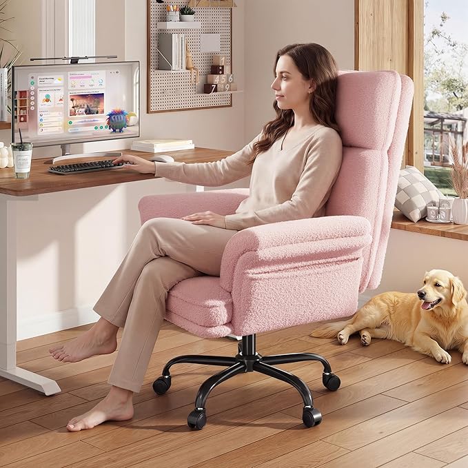 Big and Tall Office Chair with Adjustable Armrests & Wheels,145° Reclining Desk Chair Comfy,Pink Vanity Chair for Home,Office,Bedroom,Teddy Plush