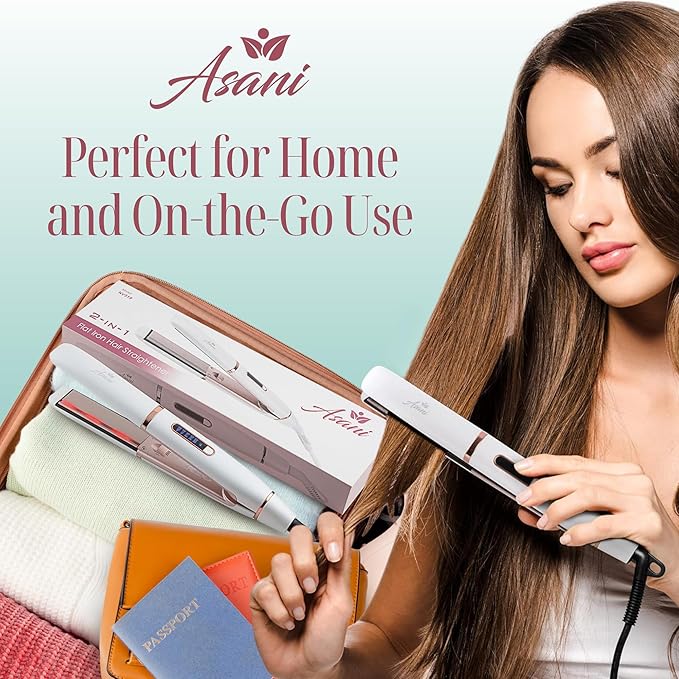 Asani 2-in-1 Flat Iron Hair Straightener and Curler - Negative Ion Technology, Anti-Frizz Ceramic Coating, 5 Heat Settings - Fast Heating Styling Tool for Versatile Looks - Portable