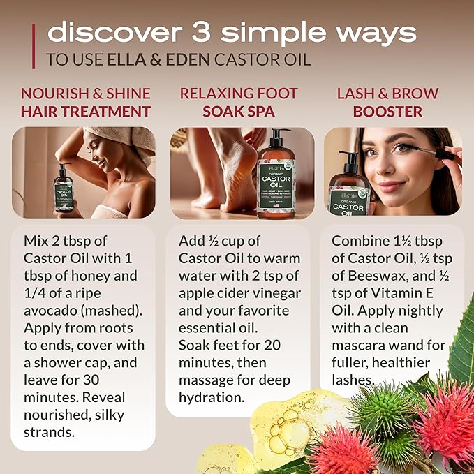 Ella & Eden Organic Rose Water Spray for Face 4oz & Organic Castor Oil for Hair & Skin 16oz | Cold-Pressed, Unrefined, USDA Certified, 100% Pure, Hexane-Free