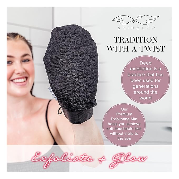 Seraphic Skincare (Original) Premium Exfoliating Mitt for Body (1pc) – 100% Vegan Viscose Traditional Body Scrub Glove Kessa Korean Washcloth – Body Exfoliator for Self-Tan Removal & Keratosis Pilaris