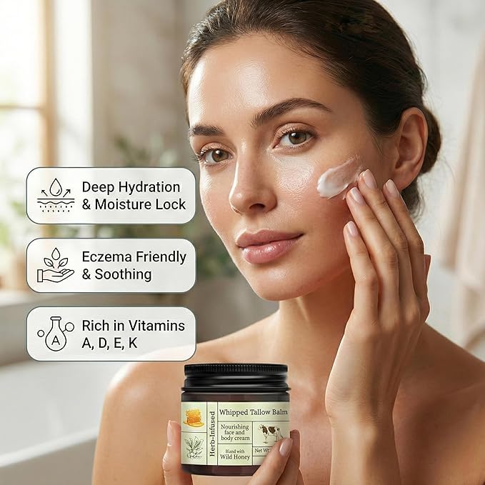 2PCS Beef Tallow for Skin, Grass-Fed Beef Tallow Balm with Raw Honey, Whipped Tallow Face & Body Cream, Natural Moisturizing Tallow Balm, Hydrating Organic Skin Care for Dry, Sensitive & Mature Skin