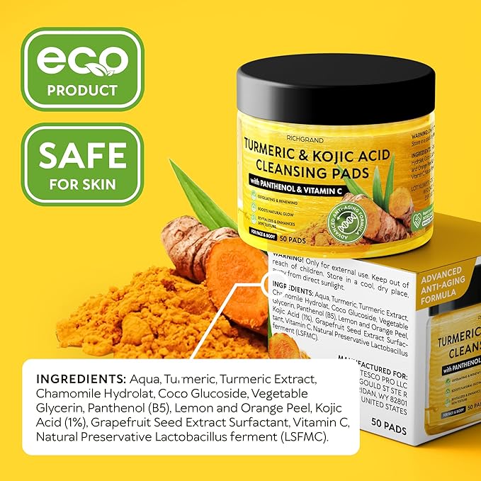 Turmeric Kojic Acid Cleansing Pads for Face - Exfoliating Sponges with Vitamin C & Lemon - Foaming Facial Wash for Glowing Skin & Uneven Tone Support - Gentle Daily Scrub