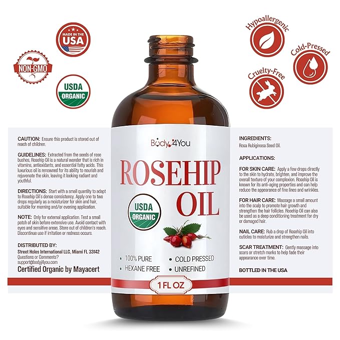 BodyJ4You Rosehip Oil for Face - 100% Pure Natural USDA Organic Cold Pressed - Hydrating Skin Hair Nails Anti-Aging Wrinkle Scar Treatment Gua Sha - Non-GMO Undiluted Carrier - Glass Bottle 1 Fl Oz