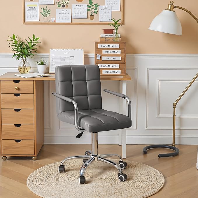 Furmax Vanity Office Chair with Wheels,Makeup PU Leather Executive Chair Modern Adjustable Home Desk Retro Comfortable Work Chair 360 Degree Swivel with Arms (Grey)