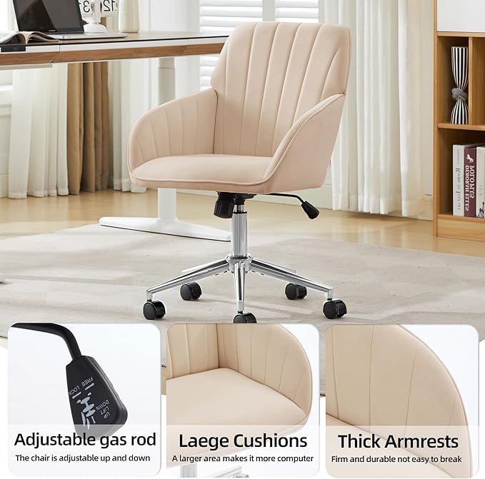 Velvet Home Office Desk Chair, Modern Cute Computer Task Chair with Back, Height Adjustable Upholstered Vanity Chair with Swivel Wheels for Women, Girls (Silver Base, Oatmeal