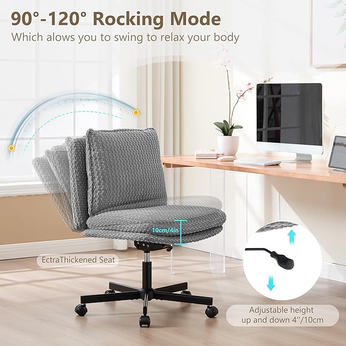 Fizzin Criss Cross Chair,Armless Cross Legged Chair with Wheels,Memory Foam Seat Office Desk Chair with Flipable Back Cushion,Mid Back Swivel Chair for Home Office,Bedroom Vanity (Grey)