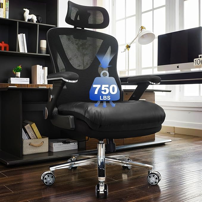 750lbs Ergonomic Office Chair,Upgrade Big and Tall Office Chairs for Heavy People,Mesh High Back Desk Chair with 5D Flip Arms Large Wheels,Adjustable Headrest & Lumbar Support,2 Pack