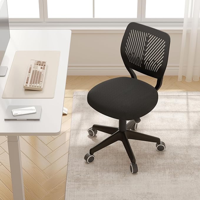 Armless Desk Chair, Height Adjustable Swivel Office Rolling Task Chairs with Soft Mesh Padded Cushion, Ergonomic Small Study Computer Chair for Girls Boys Teens (Black, 1PC)